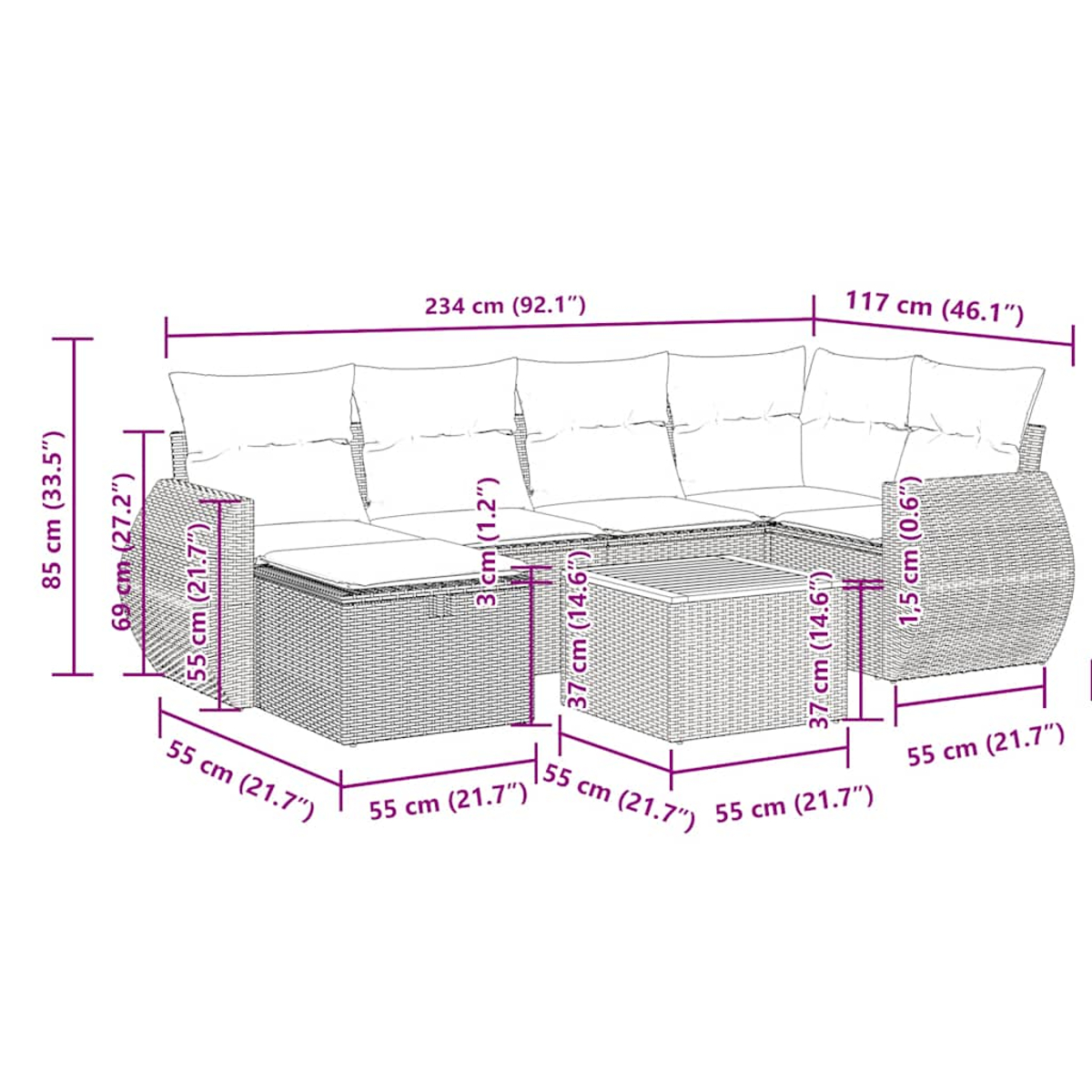 Diagramm eines grauen Rattan-Ecksofas mit weißen Kissen. Abmessungen werden angezeigt.