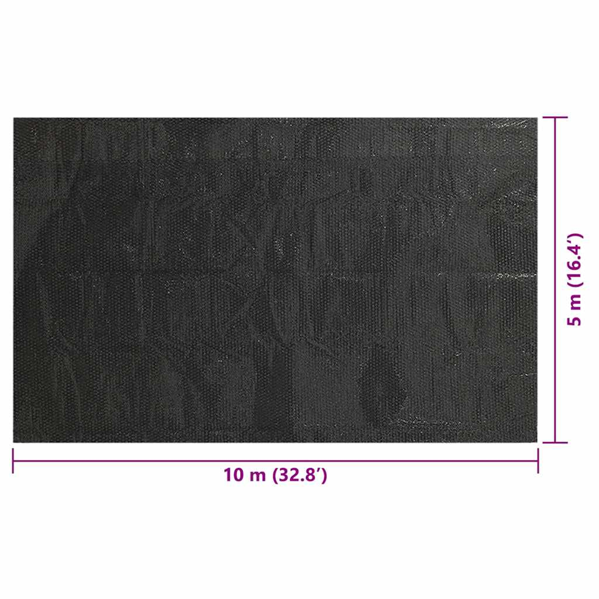 Schwarze rechteckige gewebte Outdoormatte. Abmessungen: 10 Meter x 5 Meter, Beschriftung in Metern und Fuß.