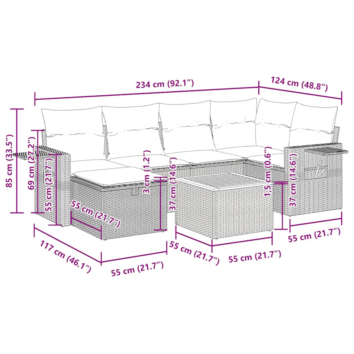 Outdoor-Rattan-Sofagarnitur mit beschrifteten Abmessungen. Das Set umfasst ein Sofa und einen Couchtisch.