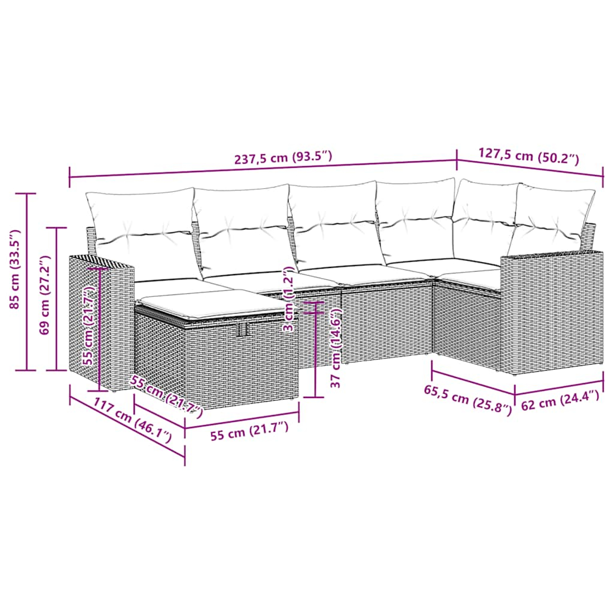 Ein Ecksofa mit weißen Kissen und markierten Abmessungen. Es hat einen grauen Rahmen.