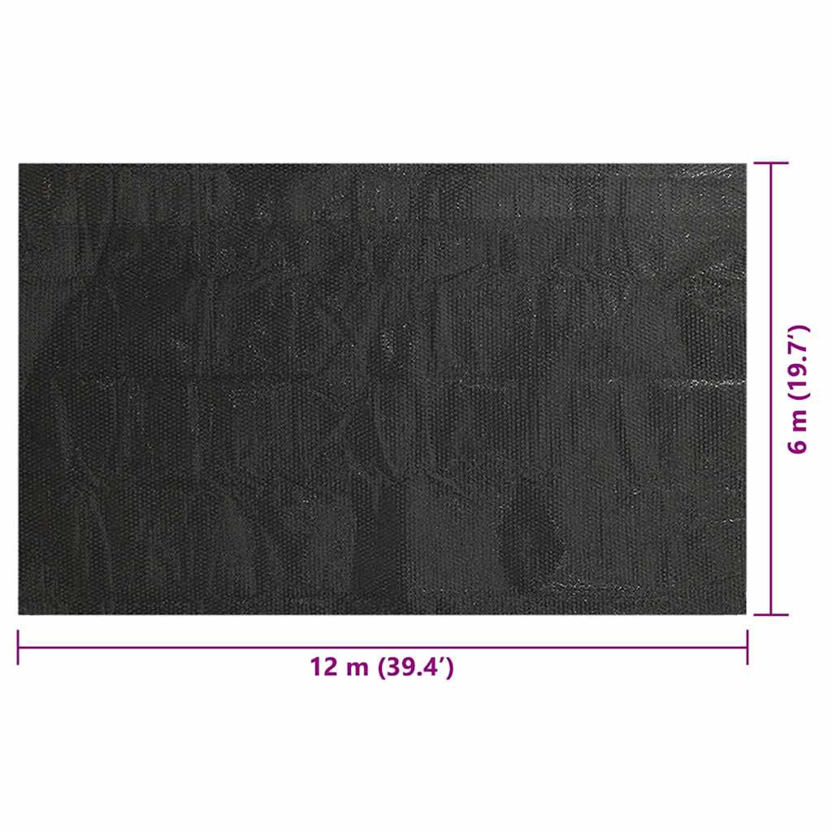 Schwarze, strukturierte Plane. Abmessungen: 12m x 6m, mit Größenangaben.
