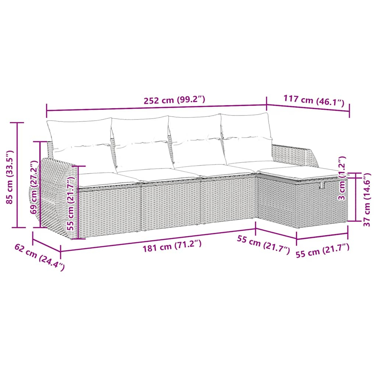 Ein Ecksofa für den Außenbereich mit weißen Kissen. Maße sind in Zentimetern angegeben.