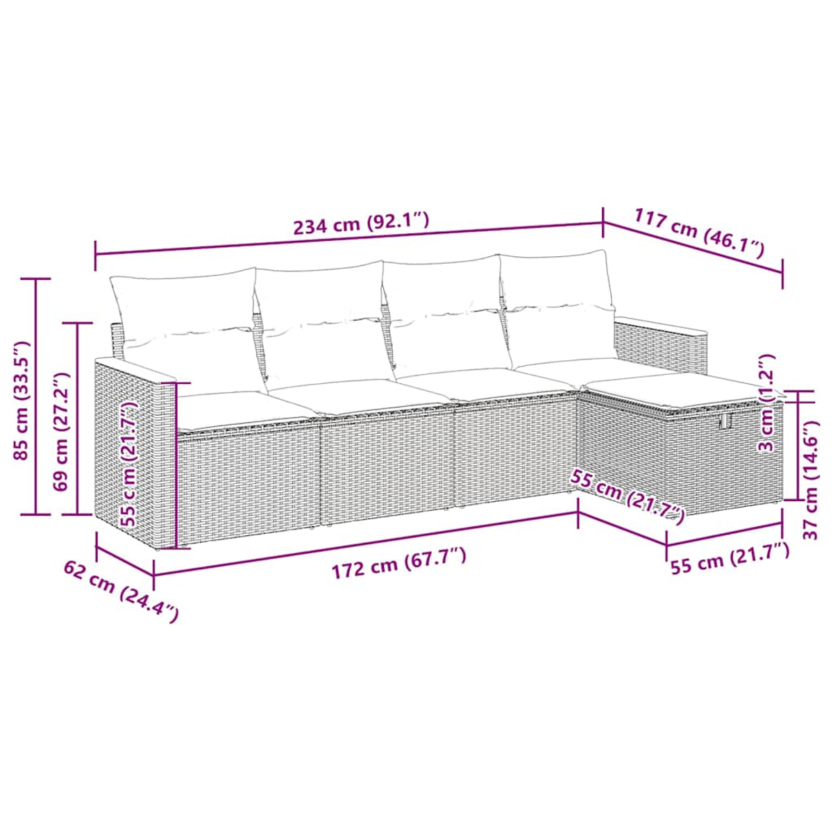Diagramm eines grauen L-förmigen Rattansofas mit weißen Kissen und Abmessungen.