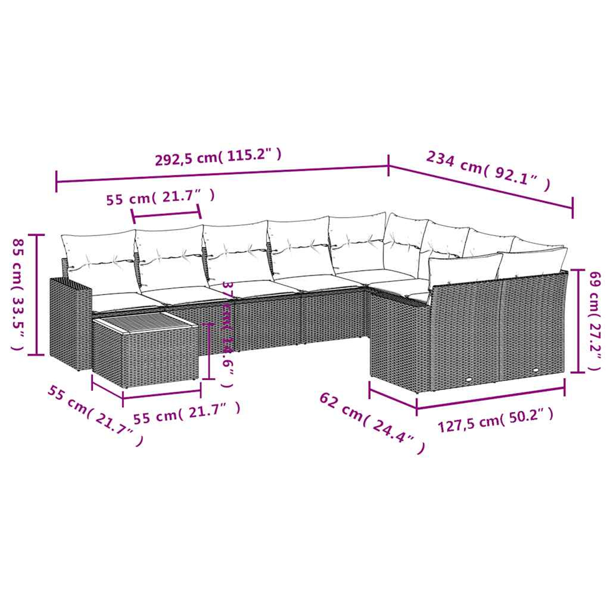 Diagramm eines grauen L-förmigen Rattansofas mit Maßen und weißen Kissen.