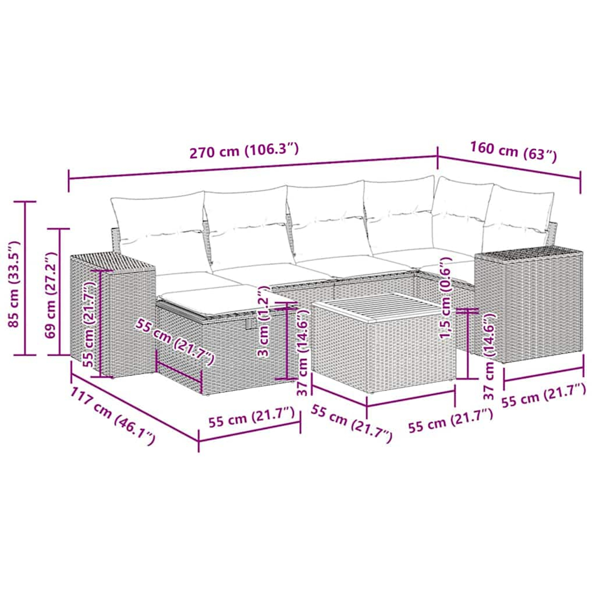 Diagramm eines grauen L-förmigen Rattansofas mit Couchtisch und Abmessungen.