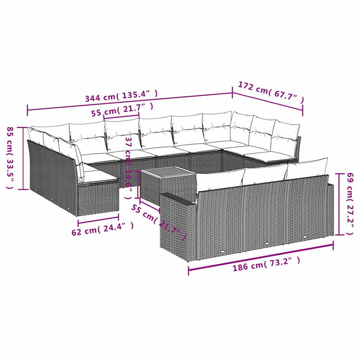Diagramm eines grauen U-förmigen Rattansofas mit Couchtisch und Abmessungen.