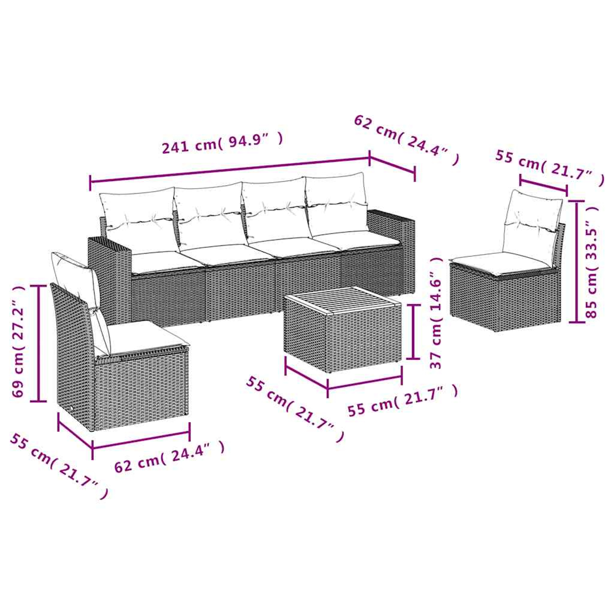 Ein Diagramm eines Sets aus grauen Korbmöbeln mit Abmessungen in schwarzem Text.