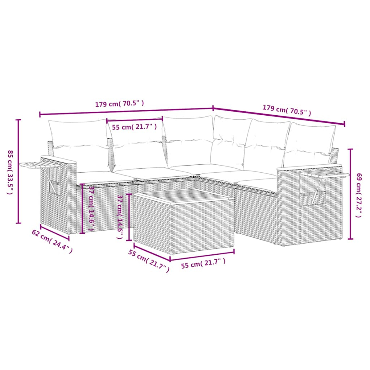 Ein Diagramm eines grauen Korbsessels mit Abmessungen in schwarzem Text.