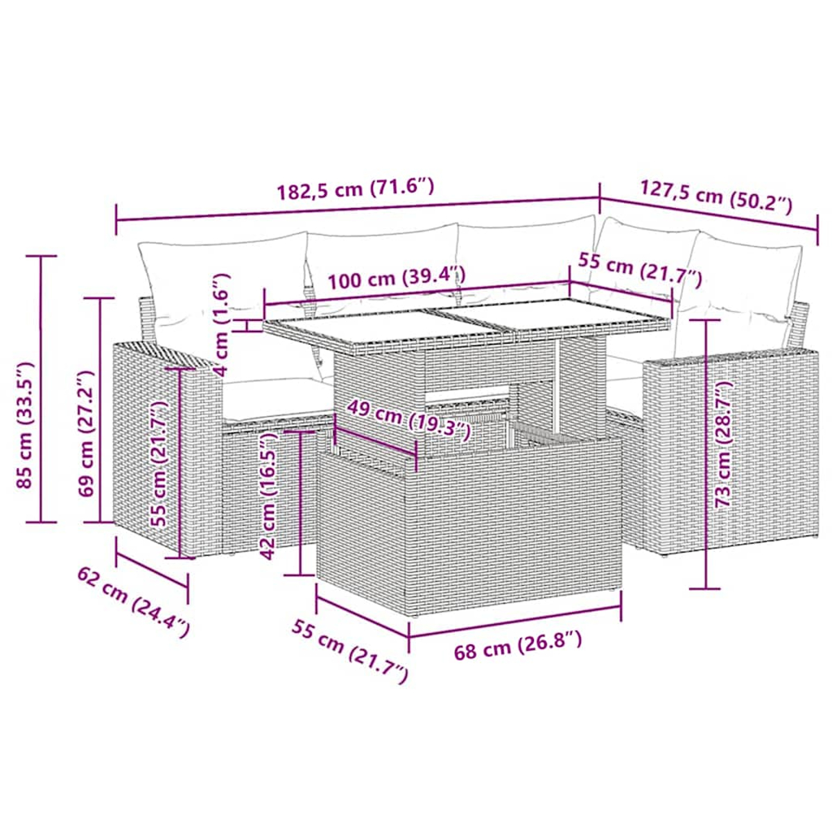 Ein Diagramm eines grauen Korbsessels mit Abmessungen in schwarzem Text.