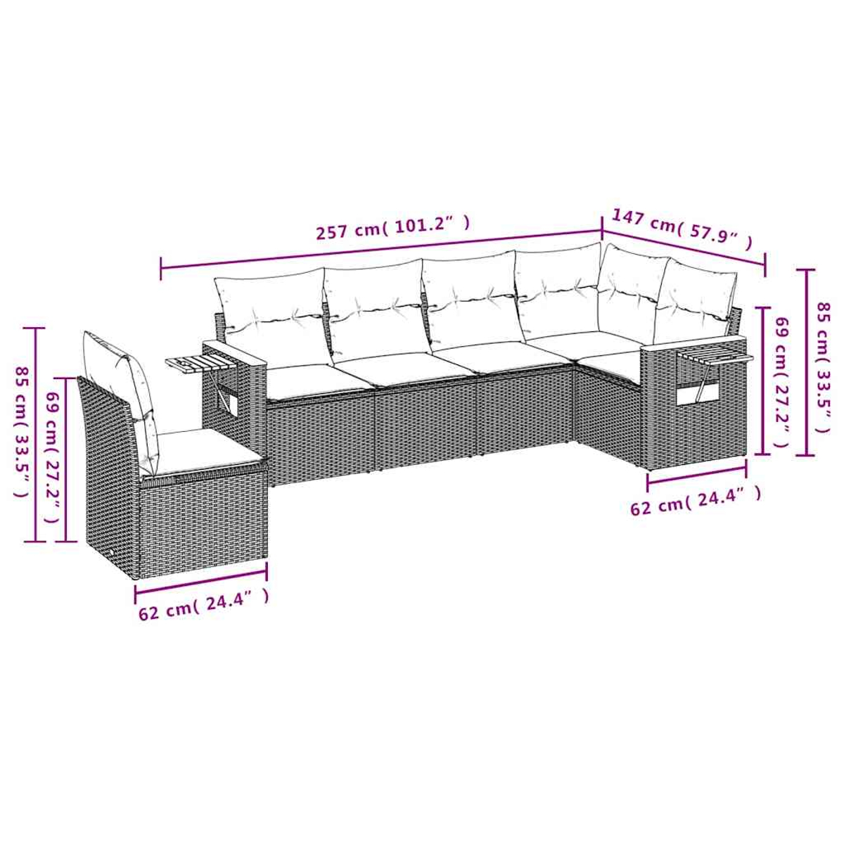 Geflochtenes Outdoor-Sofa-Set mit Abmessungen. Enthält einen Stuhl und ein Ecksofa mit Abmessungen.