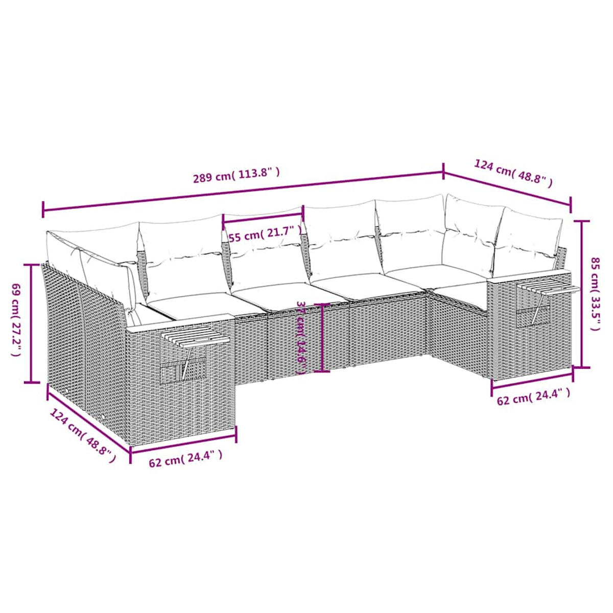 Ein graues Korbmöbel-Sofa mit blauen Kissen und hölzernen Beistelltischen, Maße angegeben.