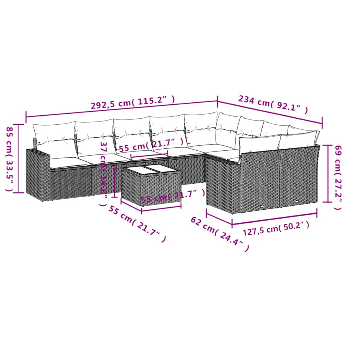 L-förmiges Outdoor-Sofa mit Maßangaben. Es hat weiße Kissen und einen kleinen Tisch.
