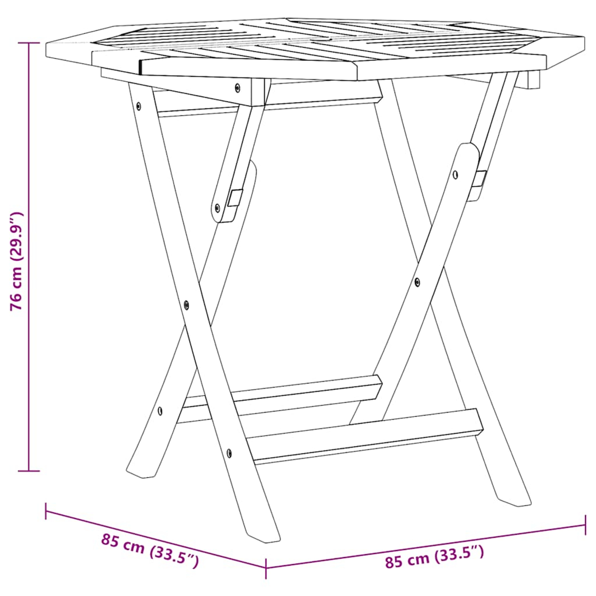 Klapptisch aus Holz. Die Beine sind gekreuzt und die Oberseite ist ein Achteck.
