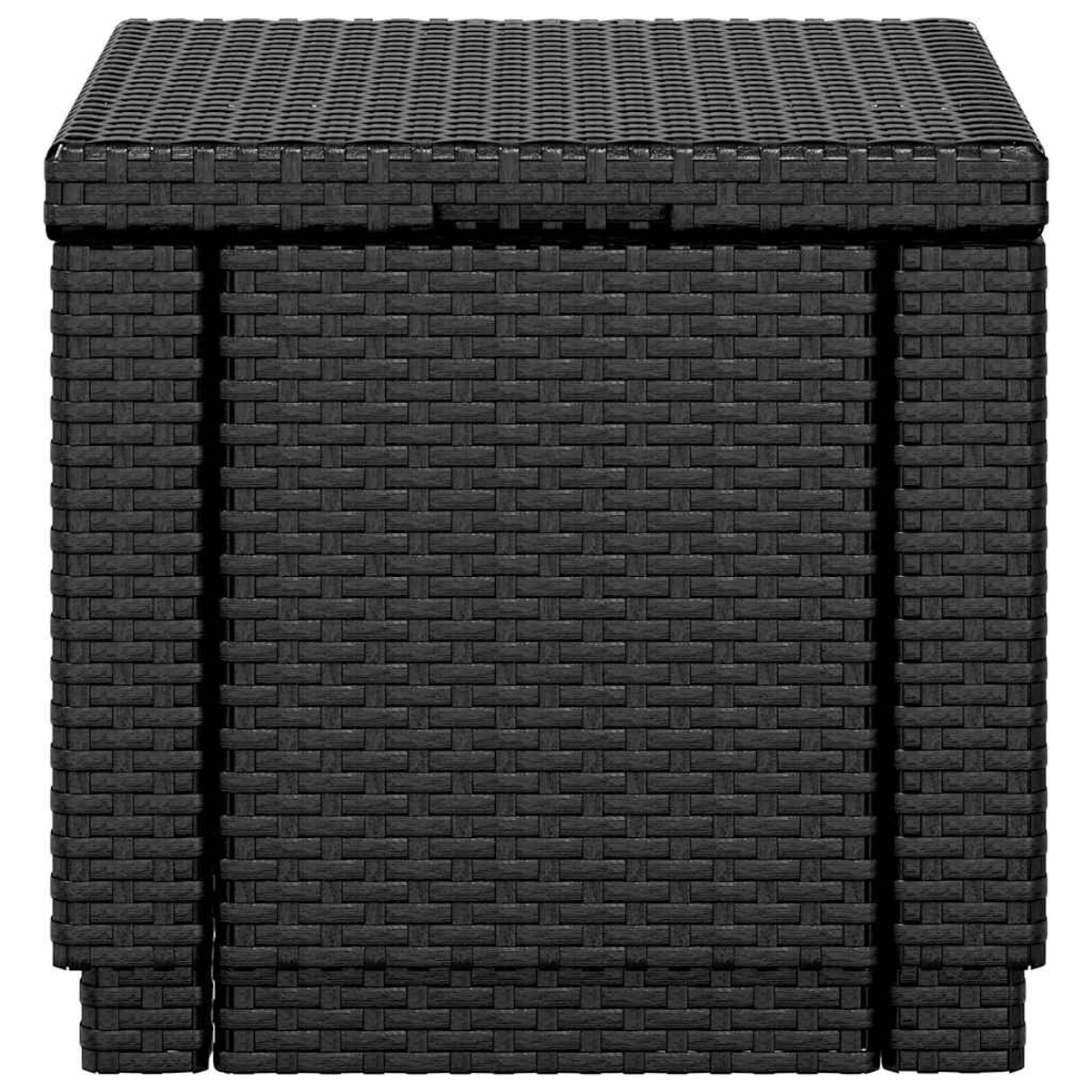 Eine schwarze Aufbewahrungsbox aus gewebtem Korbgeflecht mit Deckel. Es ist ein quadratisches, dunkles Stück.