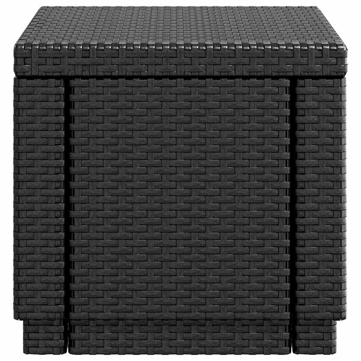 Eine schwarze Aufbewahrungsbox aus gewebtem Korbgeflecht mit Deckel. Es ist ein quadratisches, dunkles Stück.