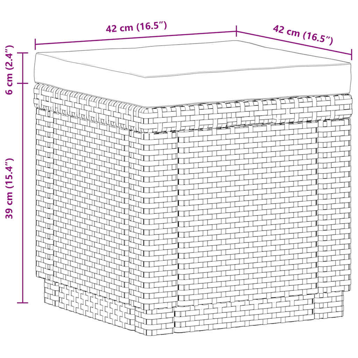 Quadratischer Hocker mit cremefarbenem Kissen. Aus gewebtem braunen Material. Mit Abmessungen.