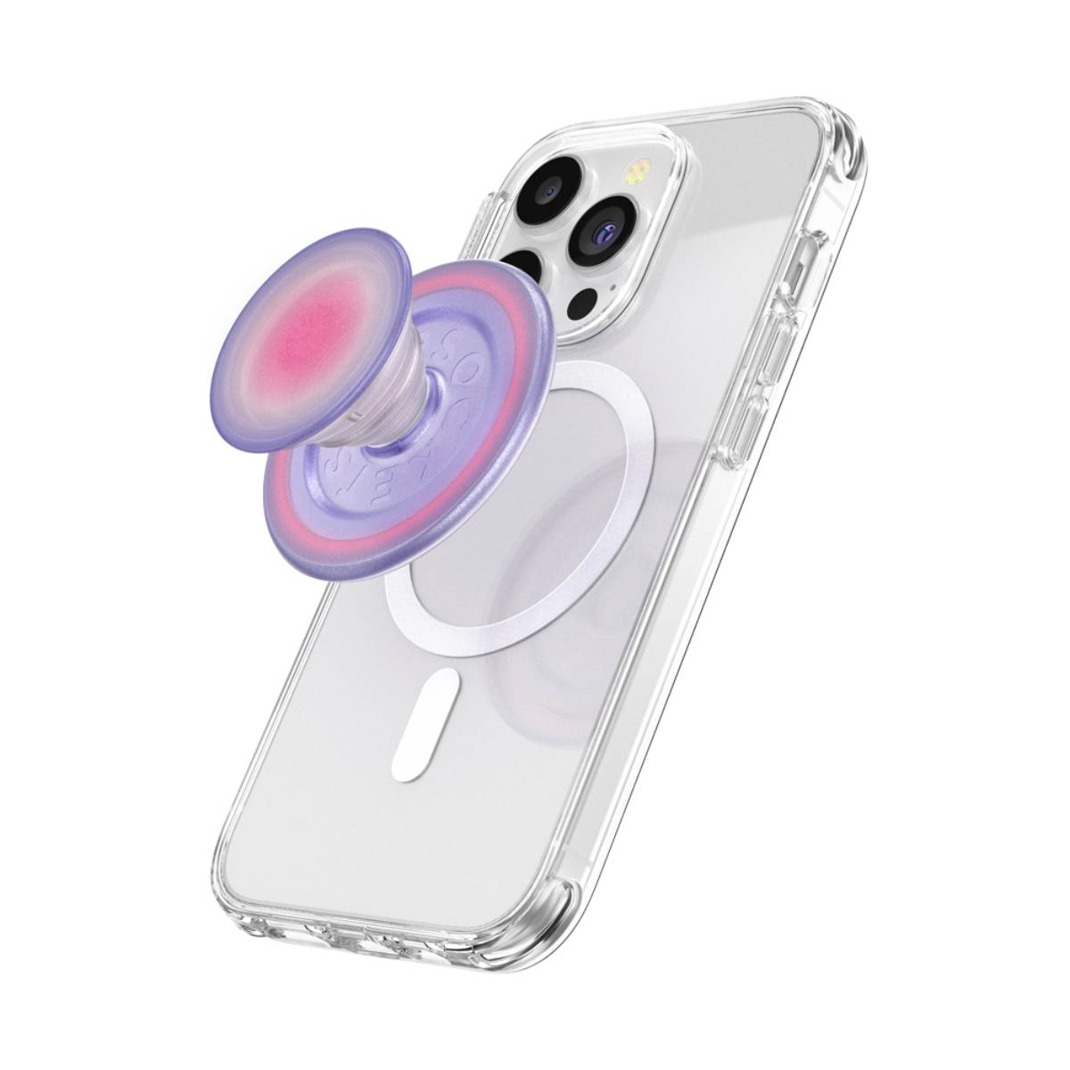 Custodia del telefono con pop socket. La custodia è trasparente, il pop socket è rosa.