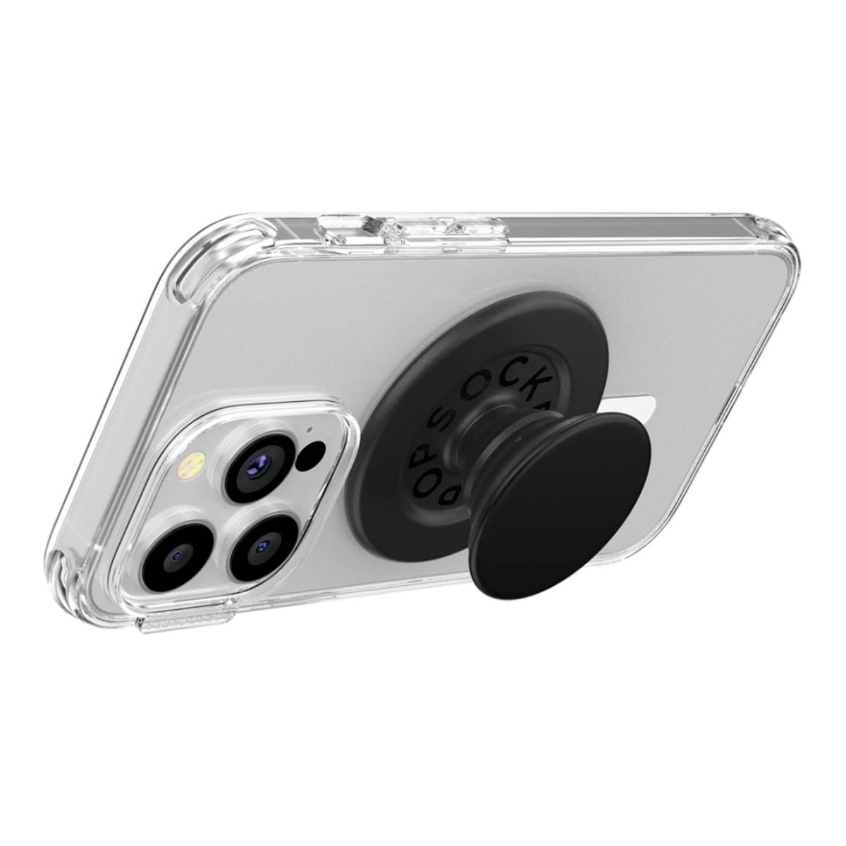 Una funda transparente para teléfono con un PopSocket negro adjunto.