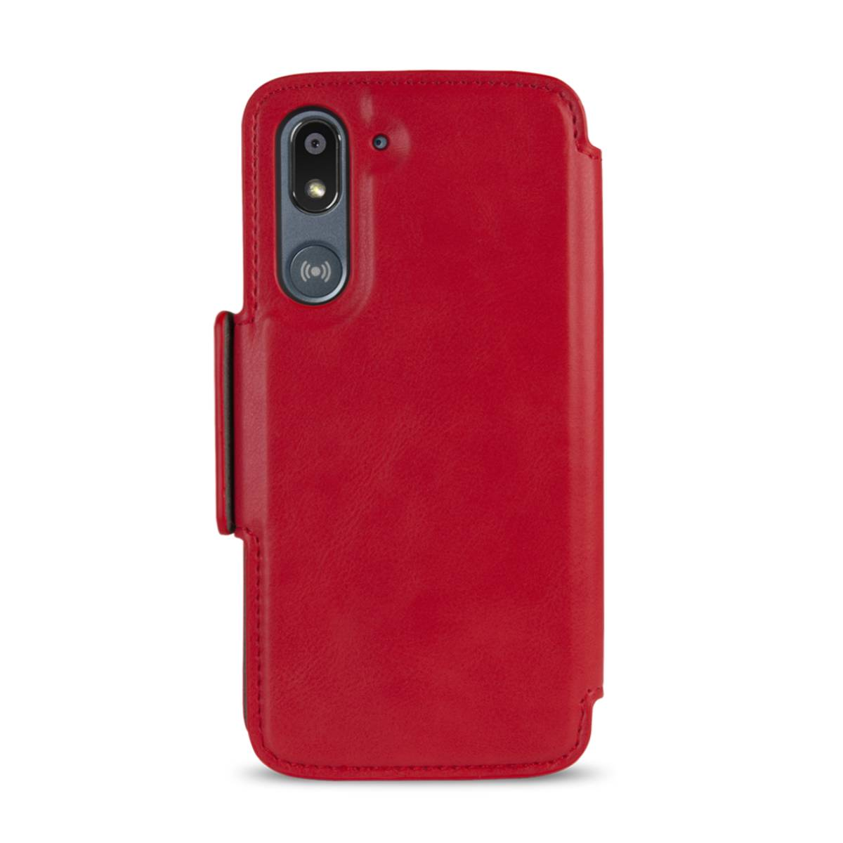 Custodia rossa per telefono, con un telefono dentro.