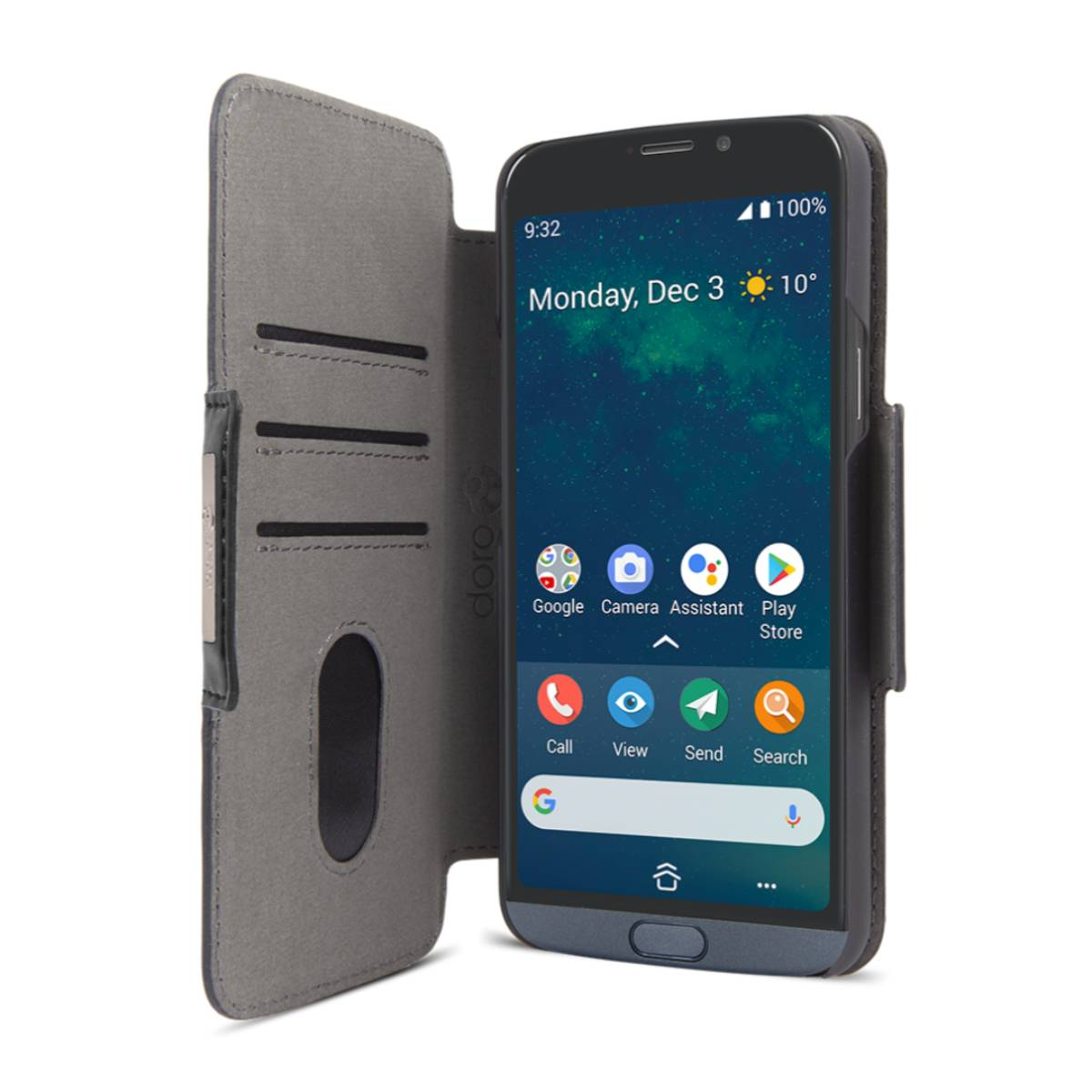 Custodia del telefono aperta con uno smartphone nero. Lo schermo mostra l'ora e le app.