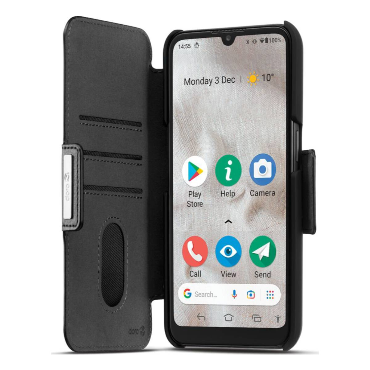 Schwarze Handyhülle mit Smartphone, das Zeit und App-Symbole zeigt. Hülle ist seitlich geöffnet.