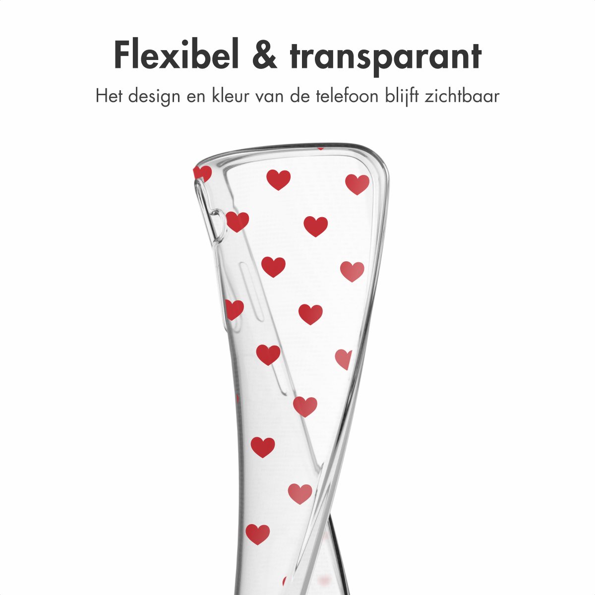 Coque de téléphone transparente avec un motif de coeurs rouges, mettant en valeur le design du téléphone.