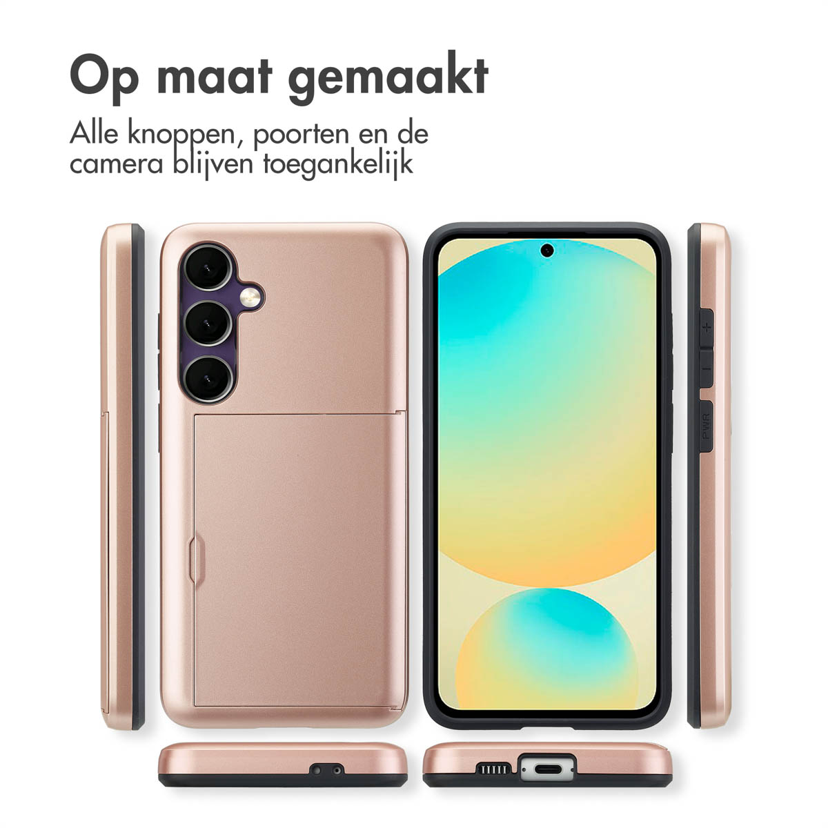 Meerdere weergaven van een telefoonhoesje in roségoud, met knoppen, poorten en camera.