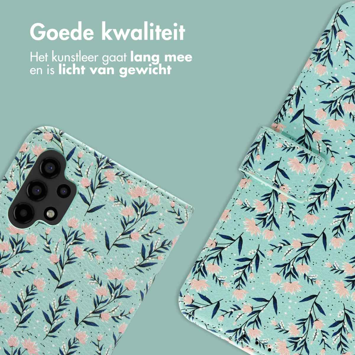 Étui de téléphone avec un motif floral en rose et bleu, montrant l'appareil photo du téléphone.