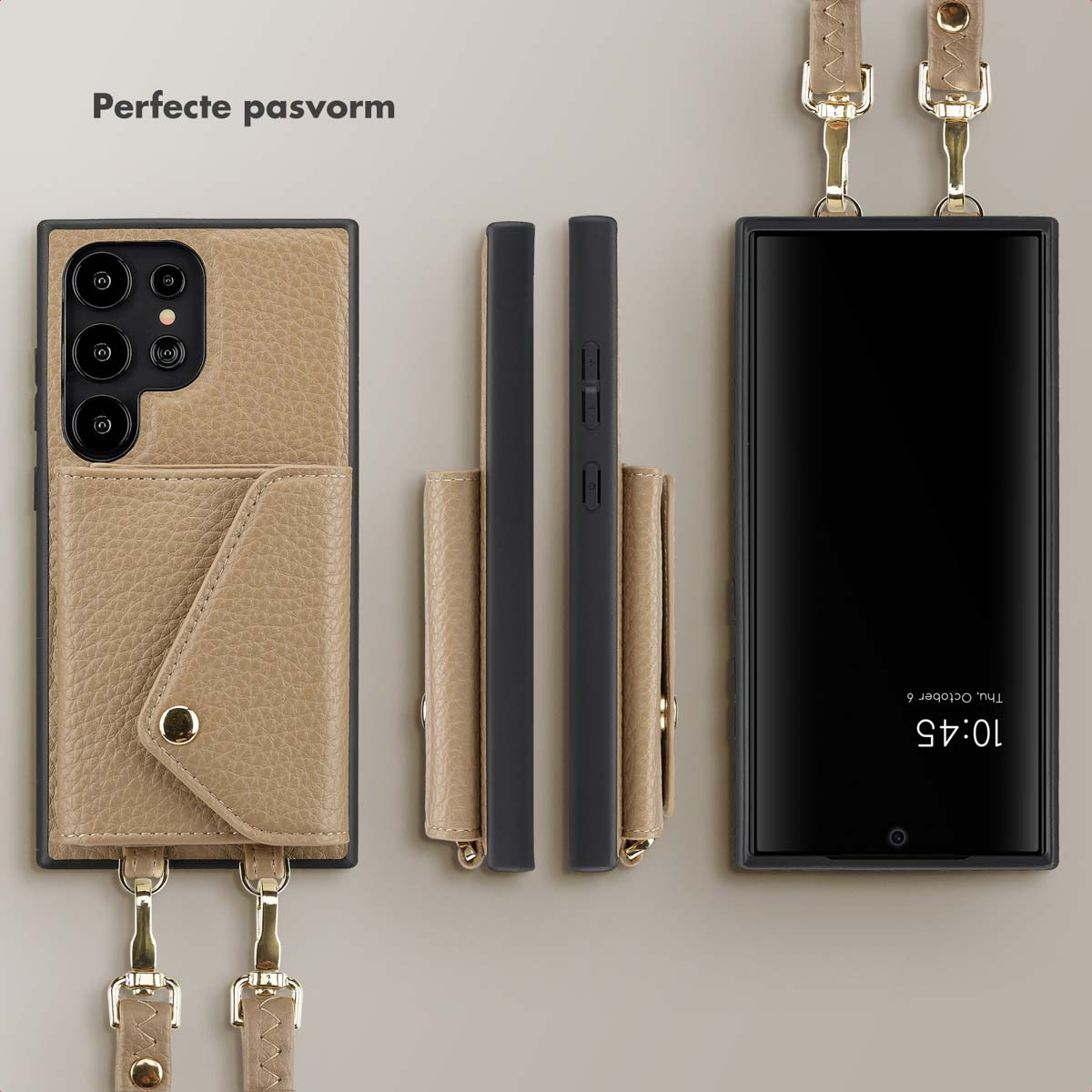 Une coque de téléphone avec un portefeuille en cuir et une sangle.