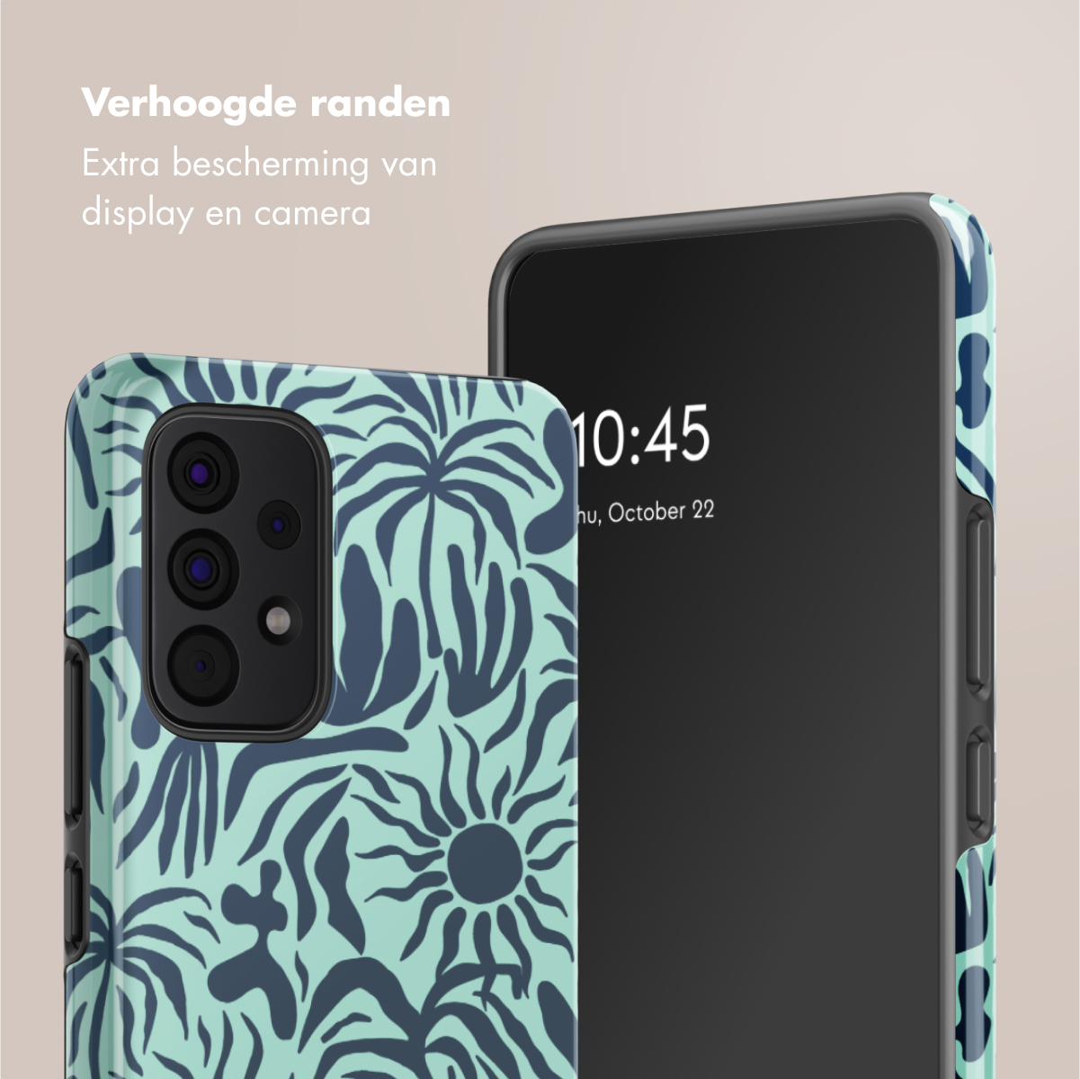 Una custodia per telefono con un design floreale. Lo schermo del telefono mostra l'ora e la data.