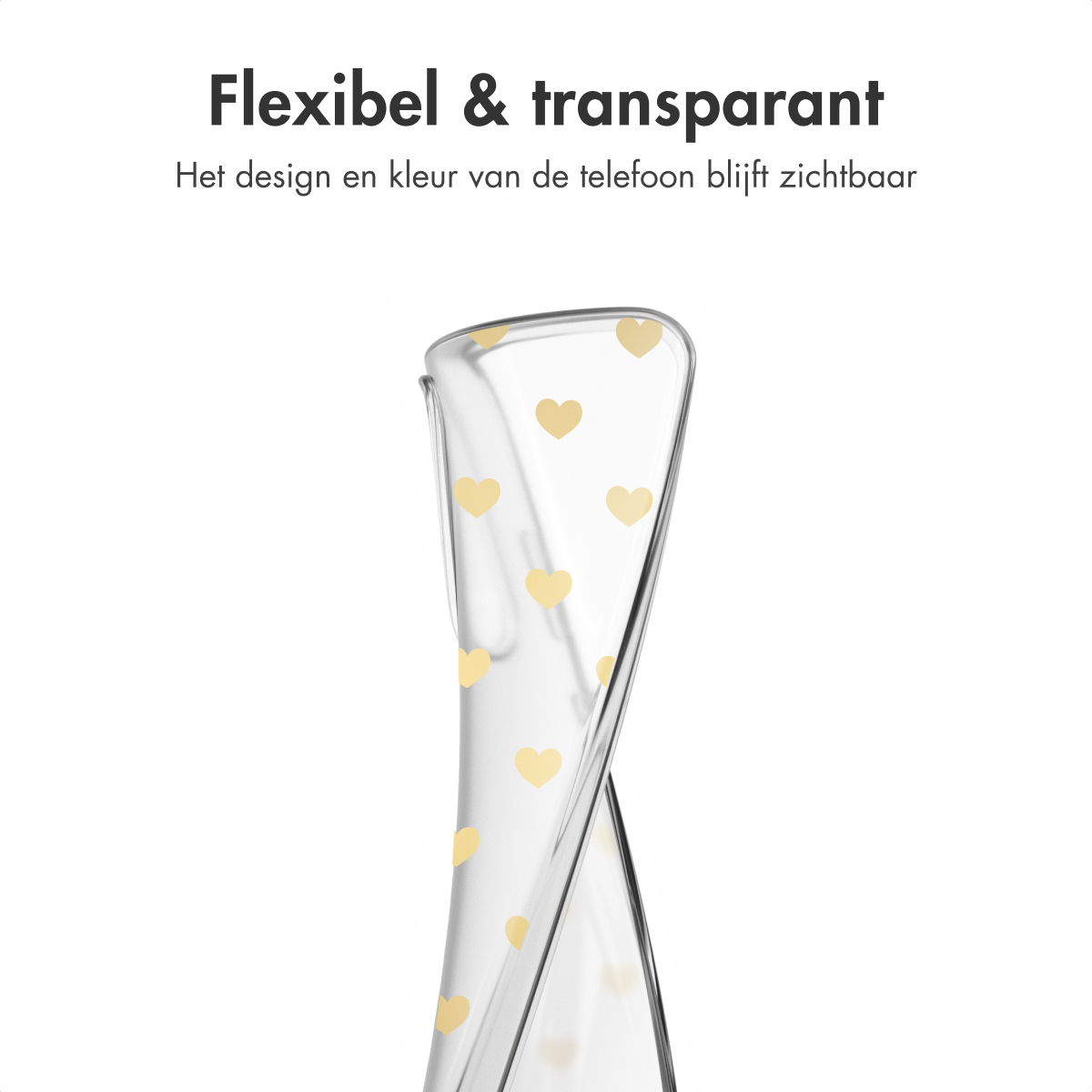 Un étui de téléphone transparent avec de petites formes de cœur dorées, vu d'un angle rapproché.