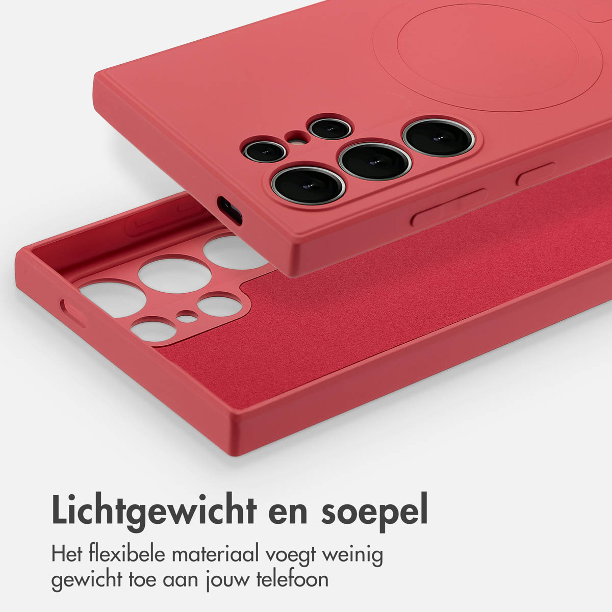 Une coque de téléphone rouge avec un téléphone à l'intérieur. La coque est ouverte, révélant l'intérieur.