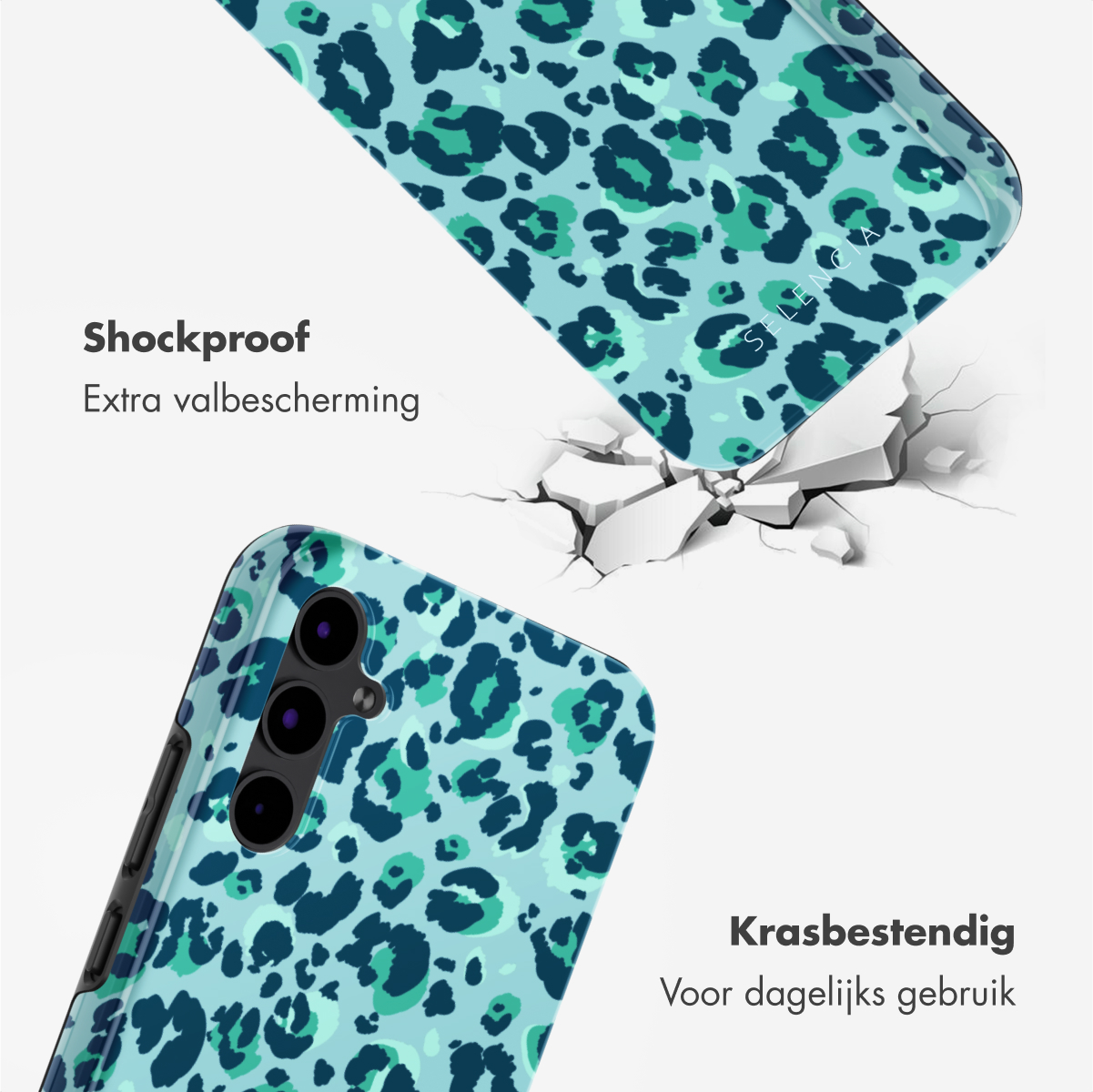 Twee telefoonhoesjes, één met een teal luipaardprint, die bij impact breekt. De telefoonhoes is blauw.