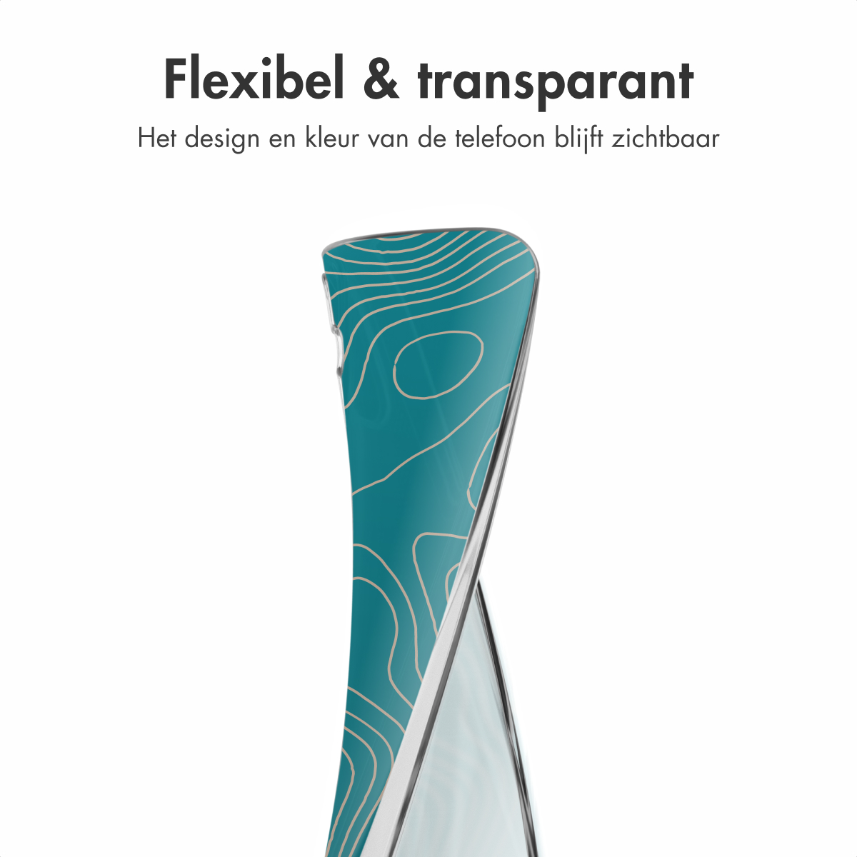 Een telefoonhoesje met een teal en beige ontwerp wordt getoond. Het is flexibel en transparant, het ontwerp van de telefoon is zichtbaar.