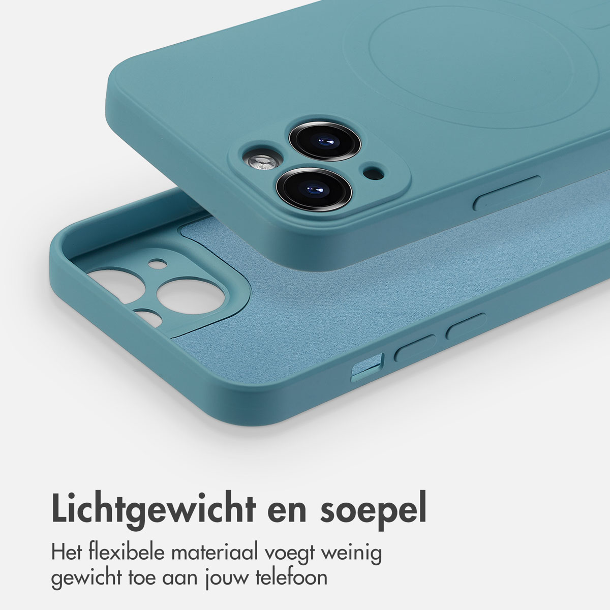 Gros plan sur une coque de téléphone bleue, montrant l'intérieur et l'extérieur. La coque est vide.