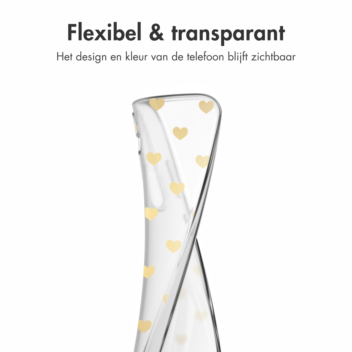 Transparante telefoonhoes met gouden hartjes. Tekst: Flexibel & transparant.