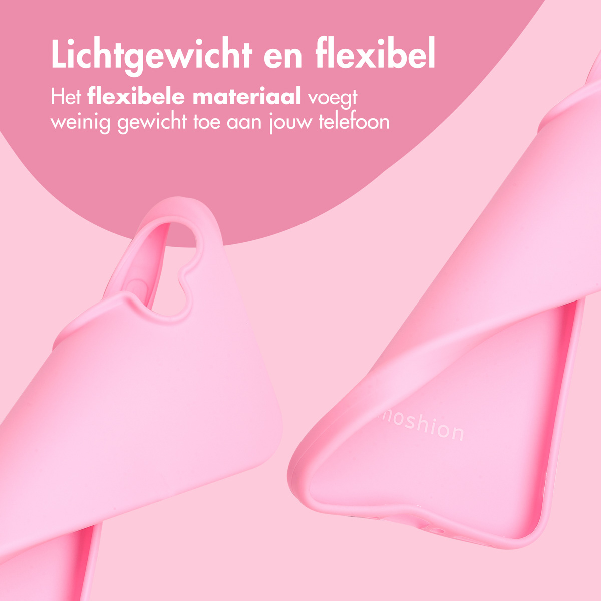 Roze telefoonhoesjes met een hartvormige uitsparing. Tekst: Lichtgewicht en flexibel.