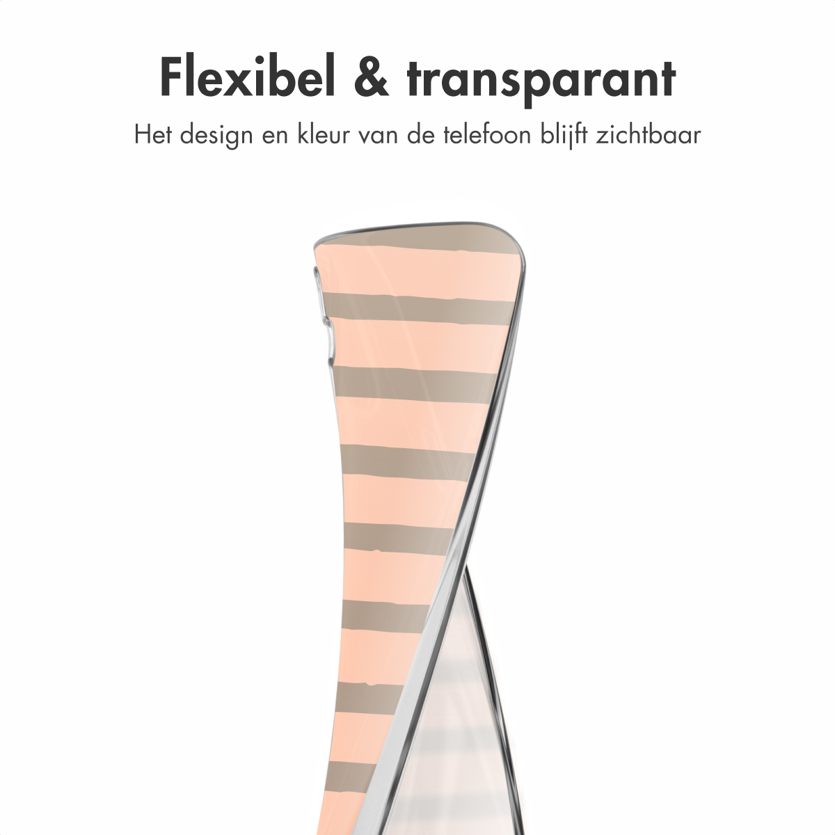 Transparante telefoonhoes met roze en grijze strepen. Tekst: Flexibel & transparant.