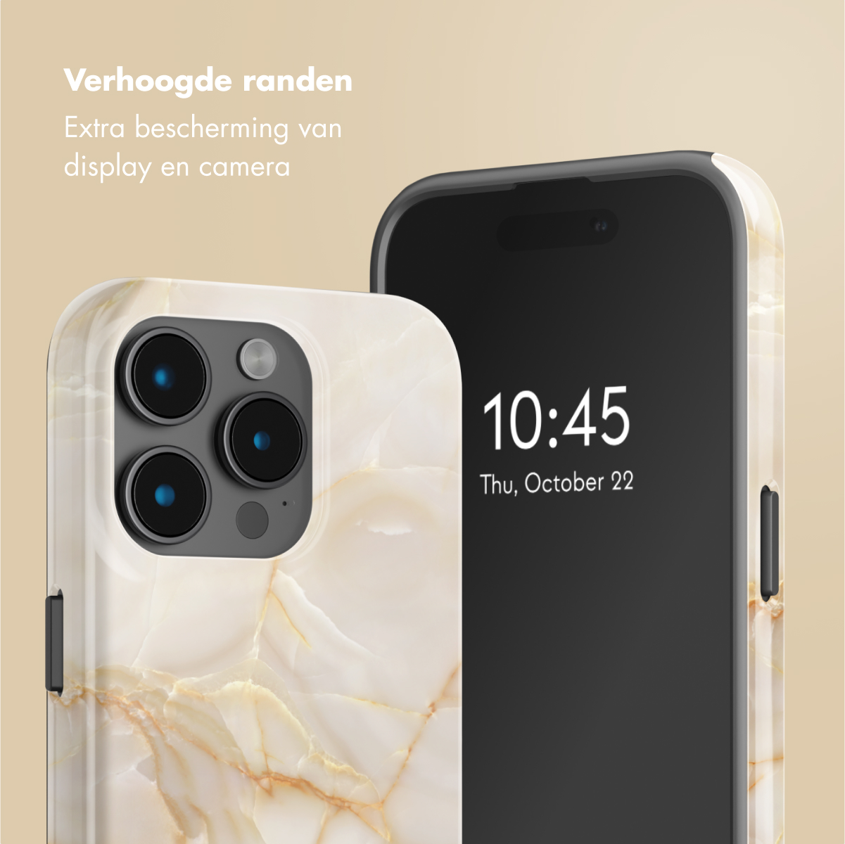 Telefono con design a marmo e un telefono con l'ora 10:45 sullo schermo.