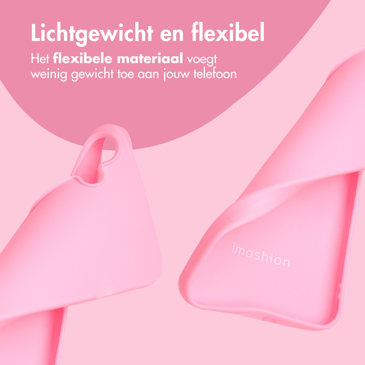 Coques de téléphone roses, une ouverte et une fermée, sur fond rose. Le mot imoshion est visible.