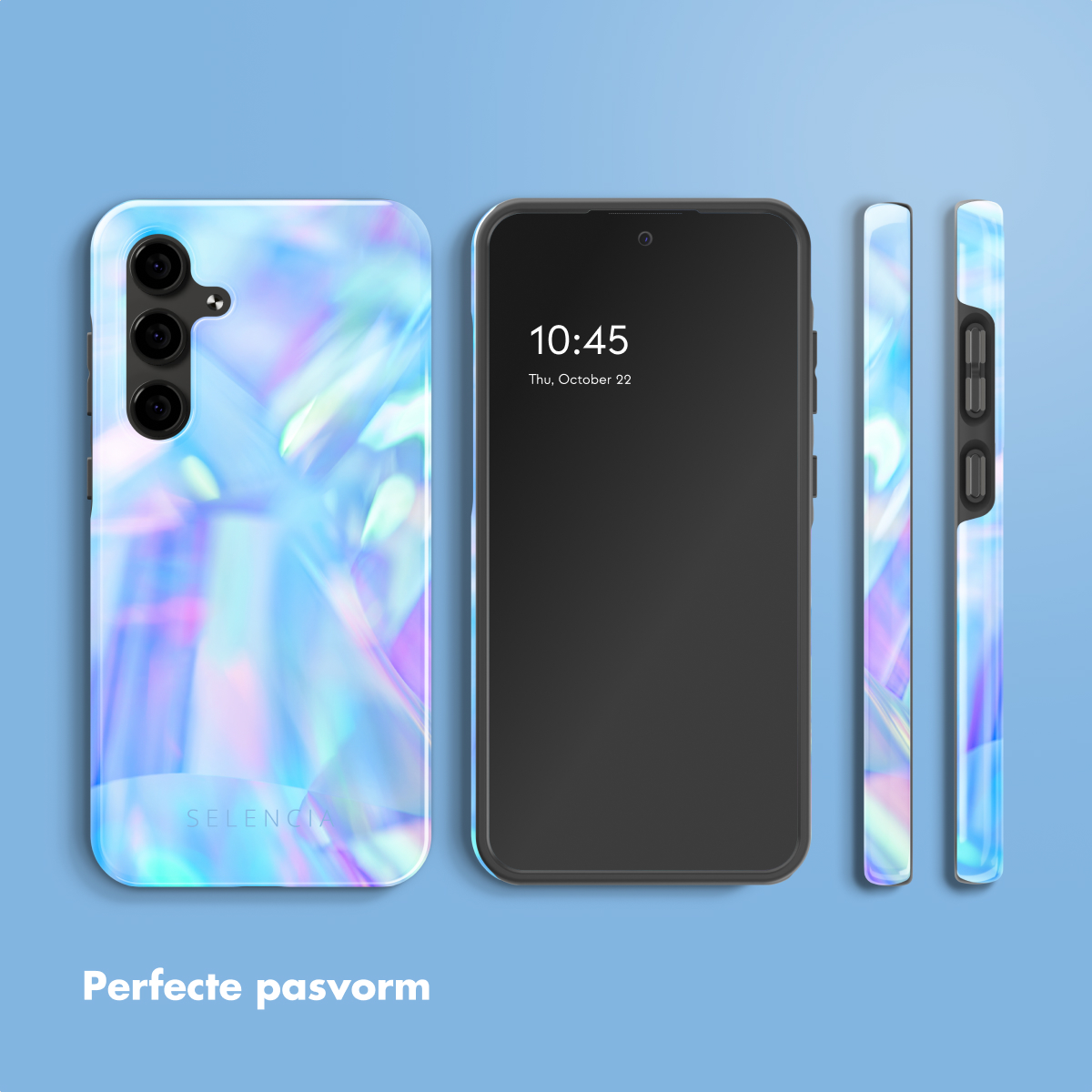 Drie telefoons en hoesjes. Eén telefoon in het midden met een zwart scherm. Hoesjes met een holografisch patroon.