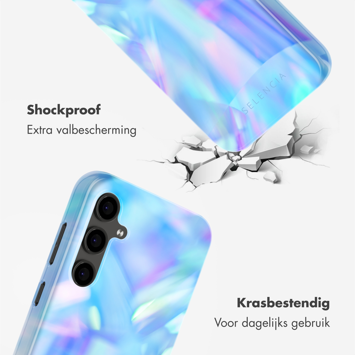Een telefoonhoes die breekt, met een telefoon erin. De hoes is blauw en heeft een holografisch patroon.