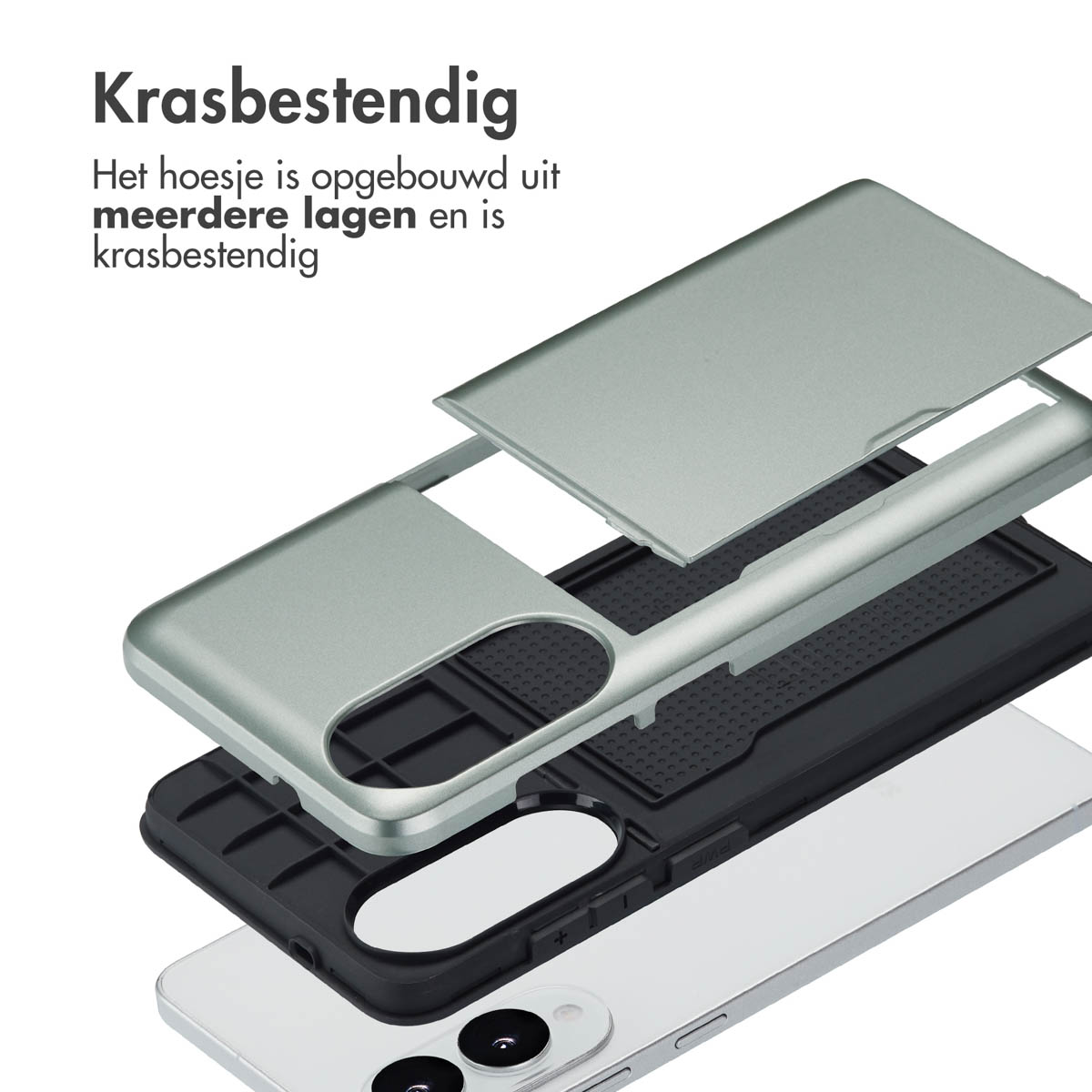 Telefoonhoeslagen. Grijs, zwart en wit. Hoesje is open, met lagen en de telefoon. Witte achtergrond.