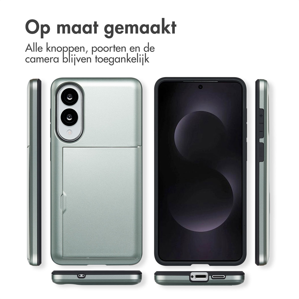 Een telefoonhoes toont de zijkanten van de telefoon. De hoes heeft een kaarthouder.