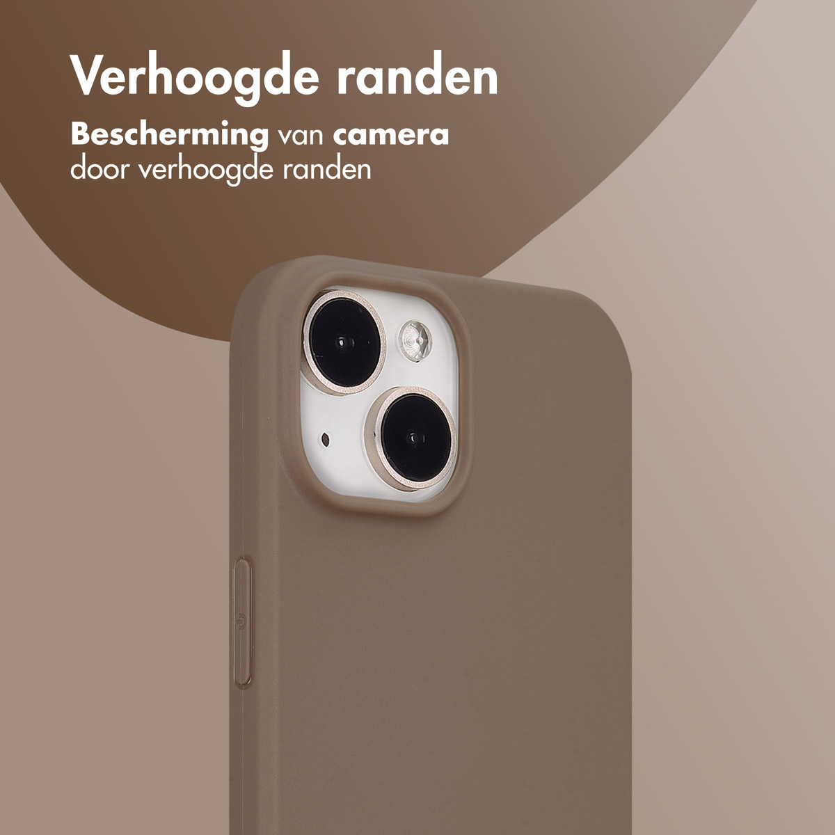 Close-up of a phone case. The phone case is brown and has a camera cutout. Brown background.