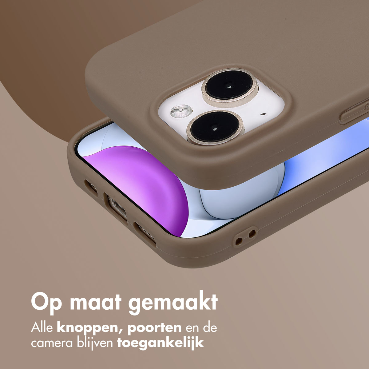 Phone in a case, partially open to show the screen. Brown phone case with a brown background.