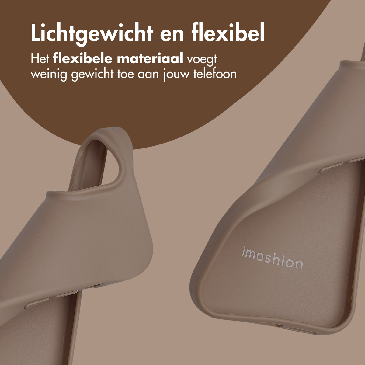 A beige phone case is shown in two parts, with the brand Imoshion visible on the back, on a brown background.