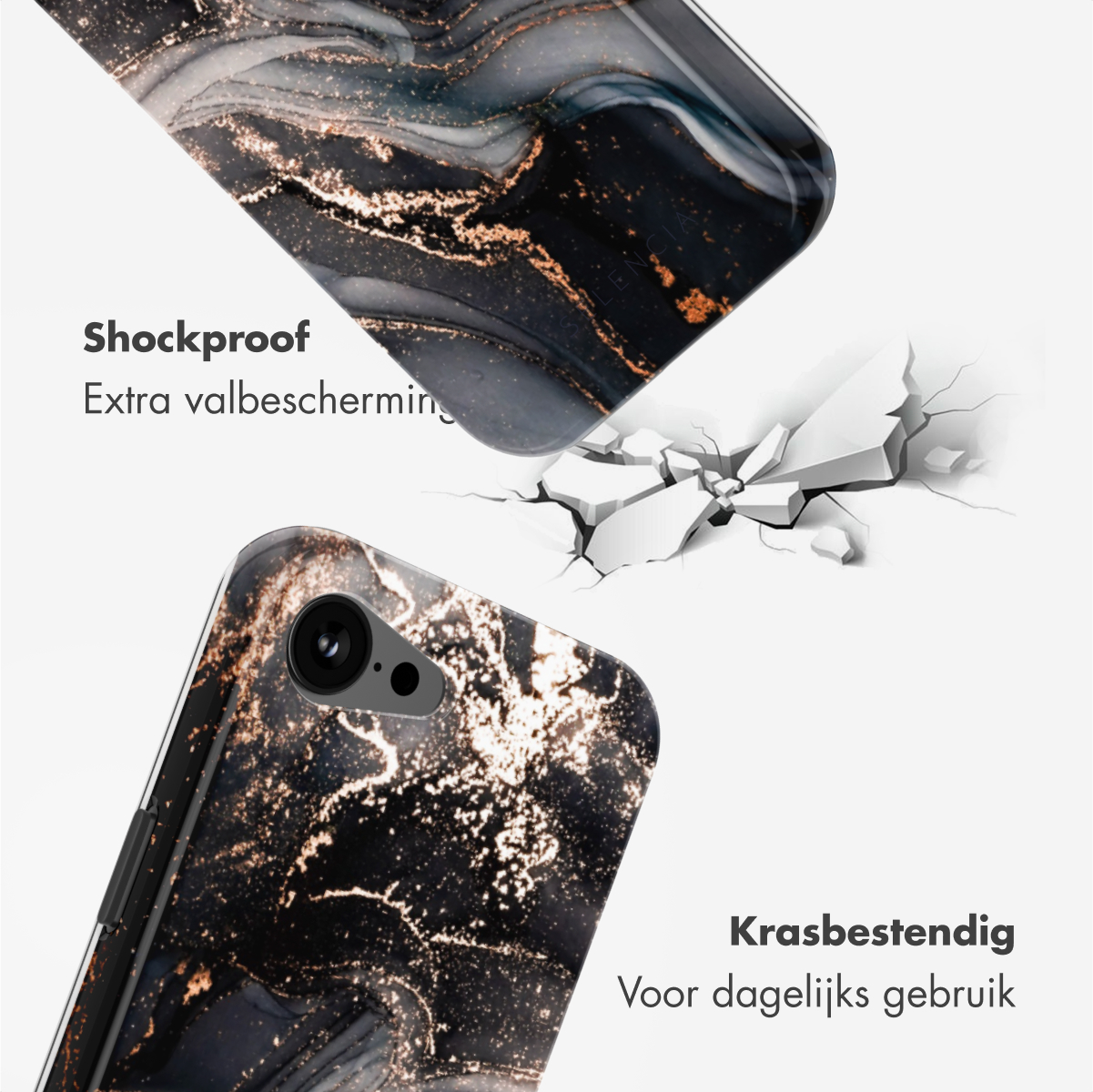 Deux coques de téléphone, une brisée. Une marbre noir, une marbre doré. Fond blanc, texte sur la résistance aux chocs.