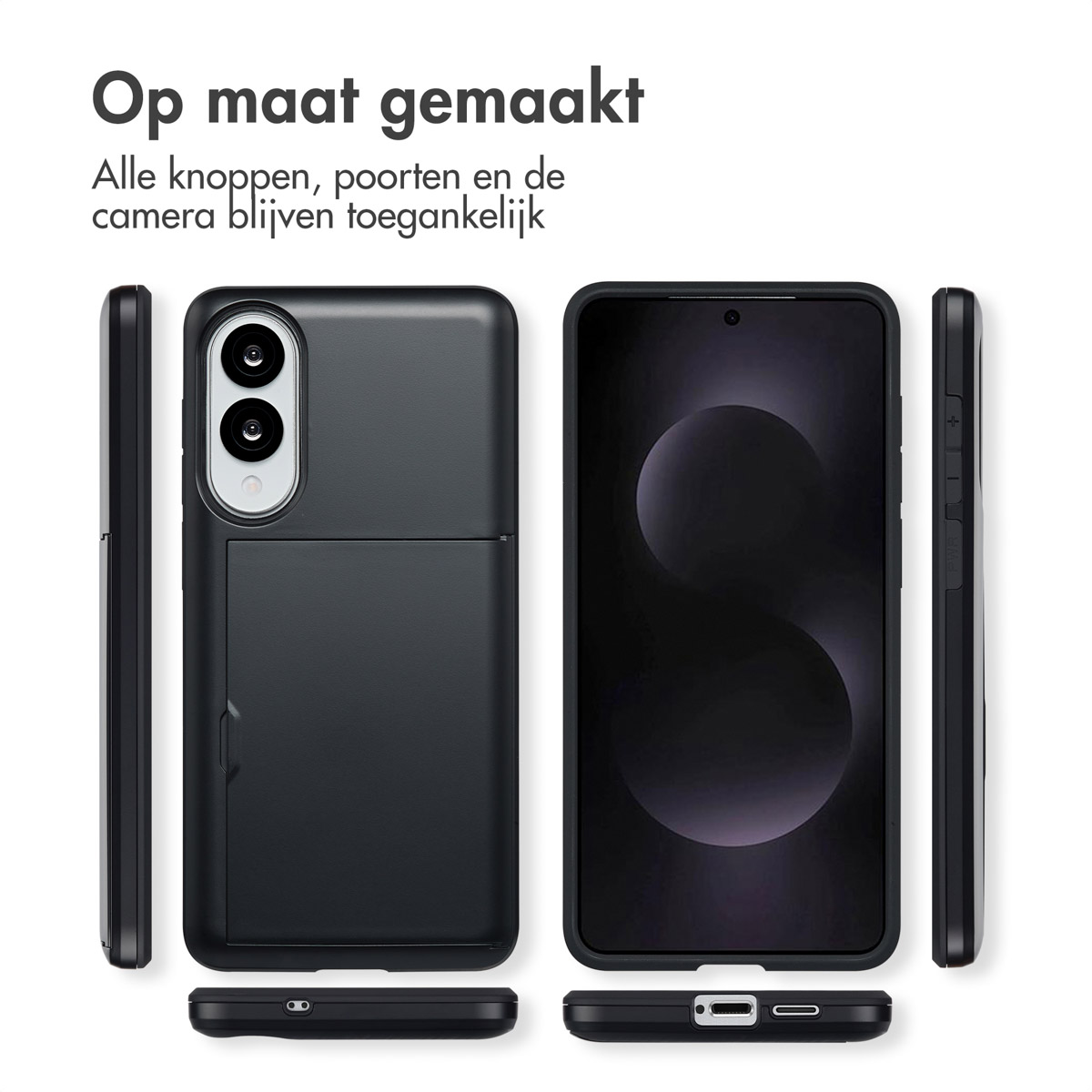Une coque de téléphone montre les côtés du téléphone. L'étui a un support pour cartes.