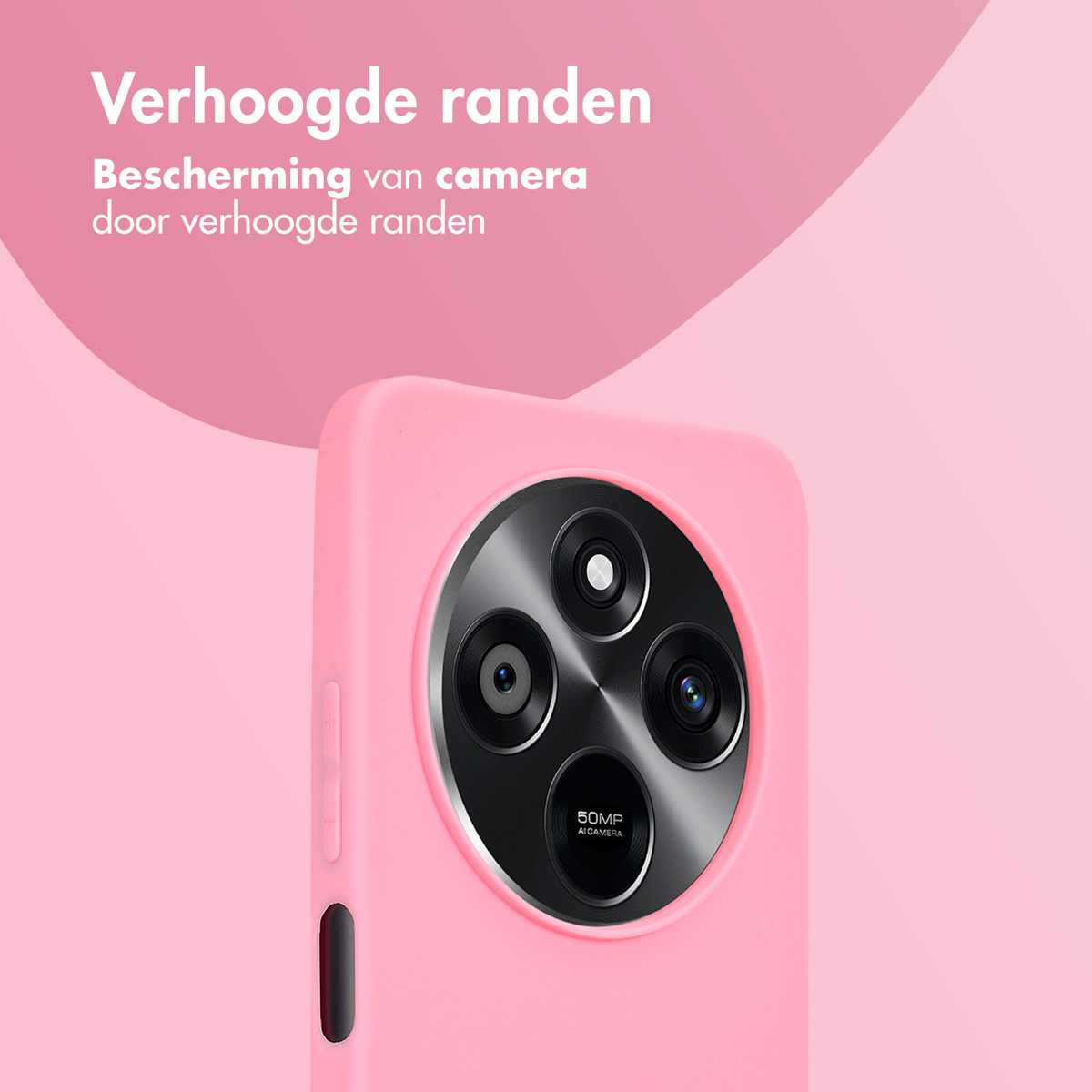 Roze telefoonhoesje met cameralenzen. Tekst: Verhoogde randen, bescherming van de camera.